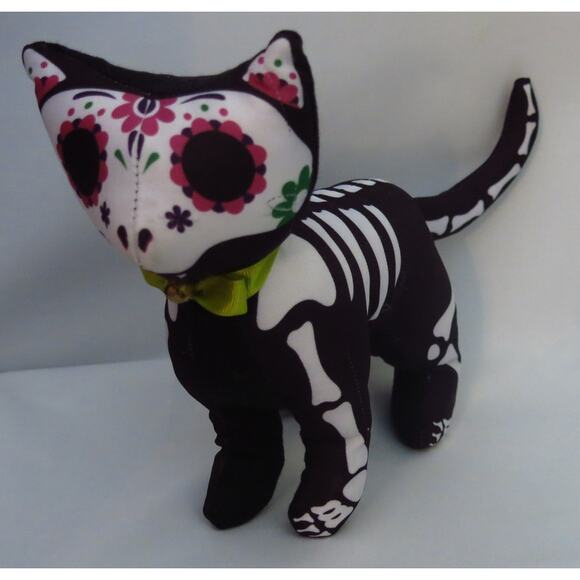 Day of the Dead Skeleton Cat Dia De Los Muertos Fabric Stuffie Toy Halloween - Picture 1 of 8